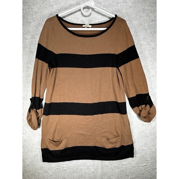 Womens Caslon Sweater Tunic Striped Pullover Women Size Medium Brown Roll Tab - Picture 1 of 7